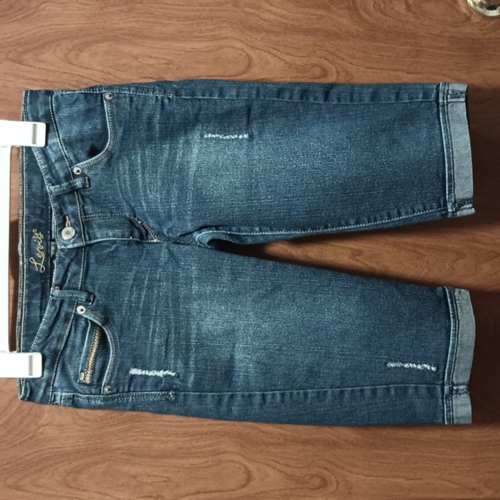 Levi's Distressed Blue Denim Jeans Cuffed Bermuda Stretch Shorts Girls 16